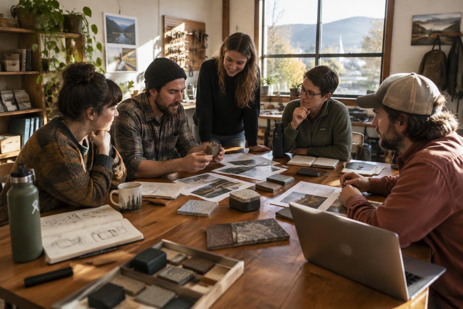 A small company team working together around a table